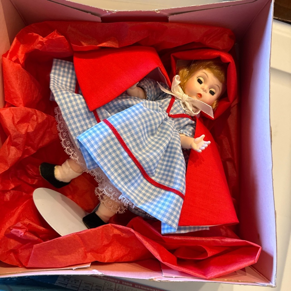 Vintage Madam Alexander Little Red Riding Hood Doll in Blue Gingham Dress plus 2